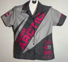 Team Arctic Cat Race Women's Size Large Pit Sponsor Shirt Gray Pink Fusia. Fixed Price $13.00.