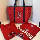 Lot Of 3 Anaheim Angels Mlb Red Tote Bag Bundle Men Xl Woman Lg Tee Shirts. Fixed Price $30.00.