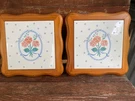 Vintage Hmk Hallmark Trivet Pot Holder Floral Ceramic Wood Country - Lot Of 2. Fixed Price $7.00.